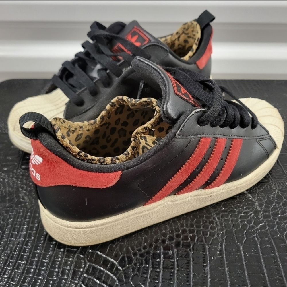 Adidas Black and Red Sneakers with Leopard Print